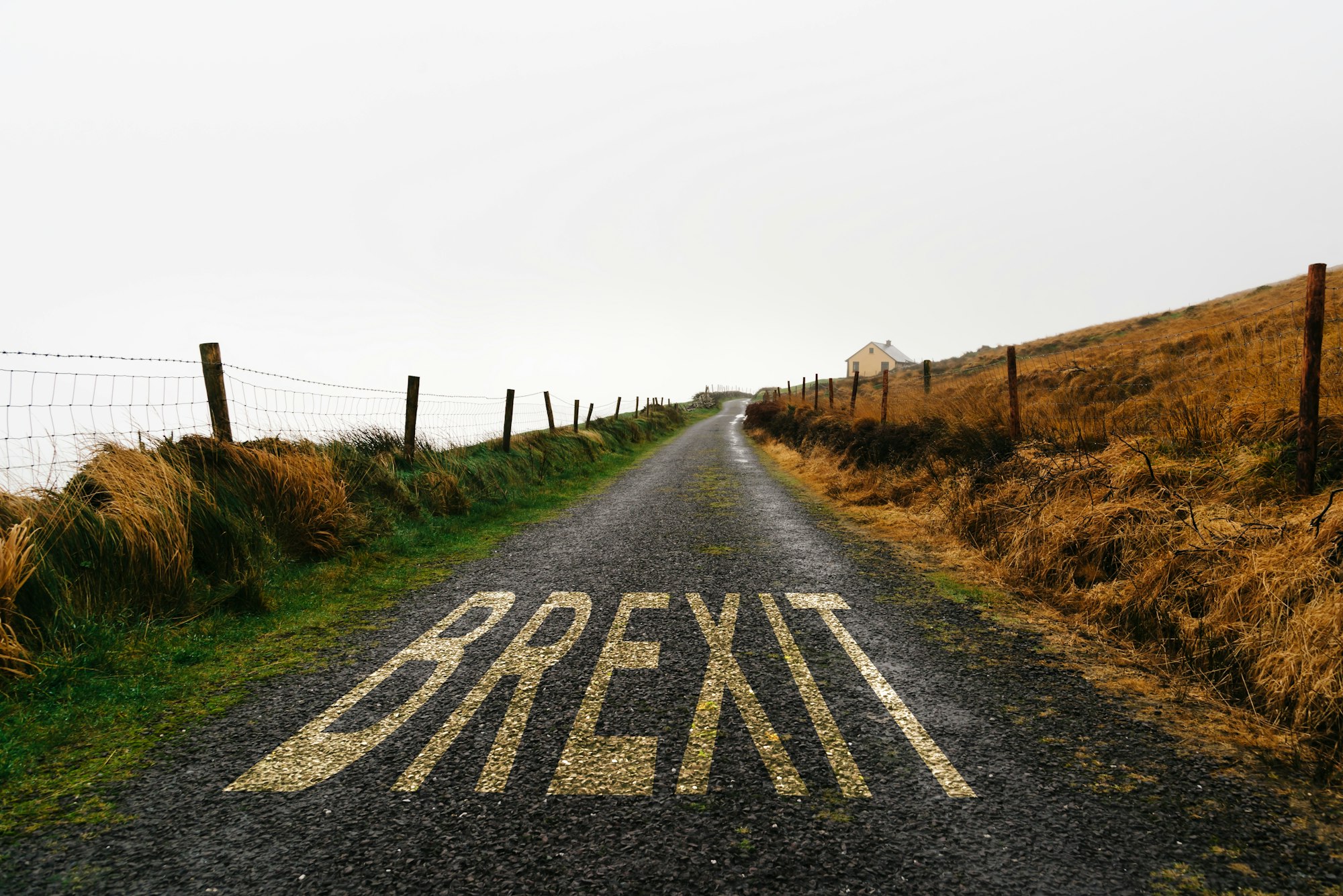 Concept of BREXIT. Road marking with the word Brexit painted on remote road a misty day